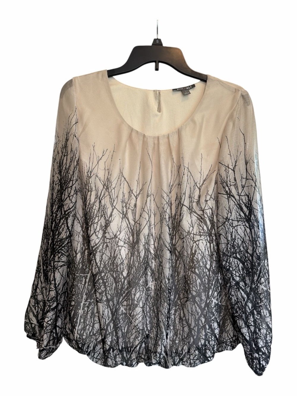 Sheer Ombre Branch Print Chiffon Blouse Top Size Large Boho Neutral - Picture 6 of 9